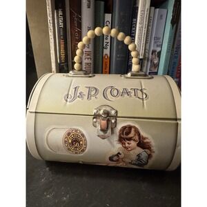 Vintage J&P Coats Tin White Beaded Handle Sewing Thread Clark's Cotton 2005